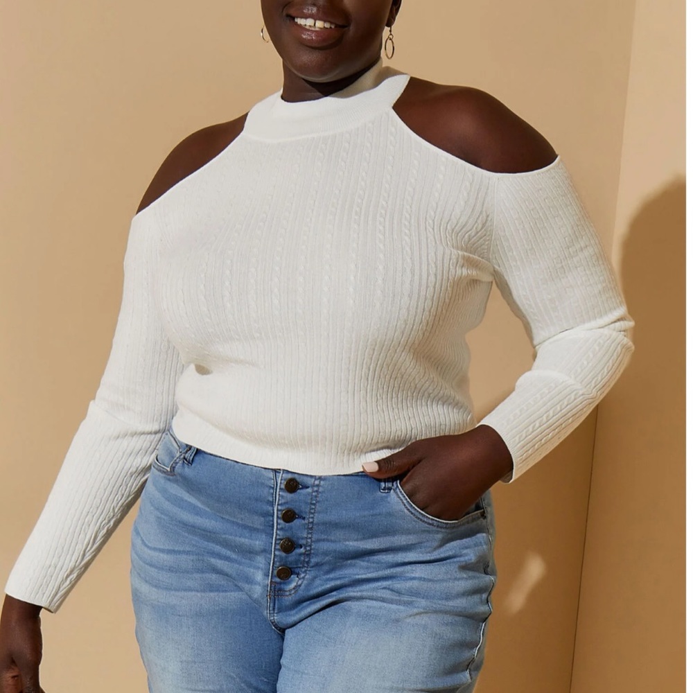 Plus ASHLEY STEWART White Cold Shoulder Cable Knit Sweater 1X